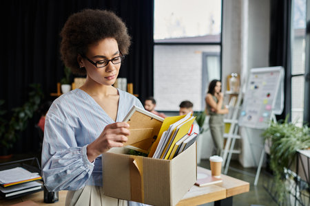 African american woman in elegant attire packing her items during lay off, colleagues on backdrop.