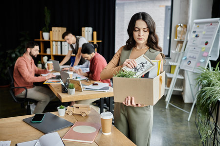 Good-looking woman handle belongings during a challenging time at work, colleagues on backdrop.の写真素材