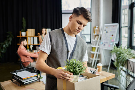 Young dedicated man packing his items during lay off, colleagues on backdrop.の写真素材