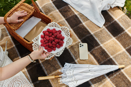 A young woman in a white shirt relaxes during a summer picnic, savoring fresh raspberries on a blanket.の写真素材