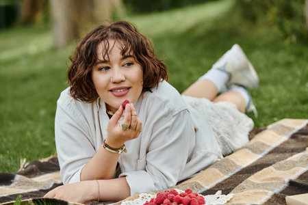 A young woman relaxes in a sunny park, savoring fresh raspberries during a delightful summer picnic.の写真素材