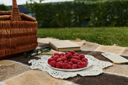 a peaceful summer picnic surrounded by raspberries and greenery.