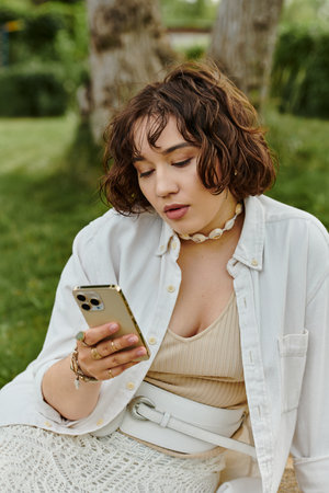 A pretty young woman takes a moment to relax during a summer picnic, engaged with her phone amidst the greenery.の写真素材