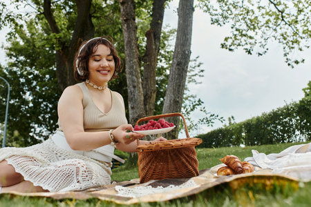 A young woman in a white shirt happily enjoys a summer picnic, surrounded by nature and vibrant fruits.の写真素材
