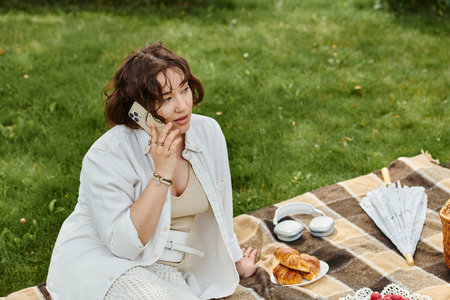 A young woman enjoys a peaceful picnic, resting on a blanket while chatting and savoring treats.の写真素材