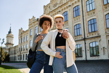 Two multicultural young women in stylish outfits strike a pose in front of an old building on a...
