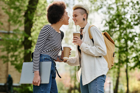 Two young women in casual attire chat over coffee and a laptop.