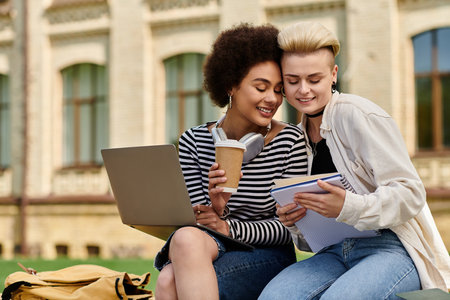 Two young women sitting on grass, focused on laptops.の写真素材