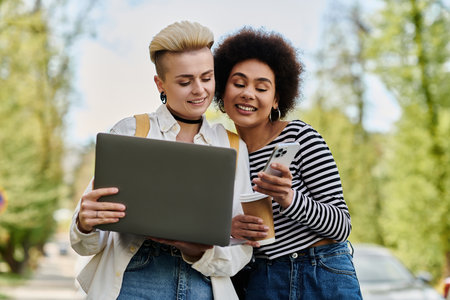 Two young women engrossed in the laptop screen while standing on a busy street near a university...