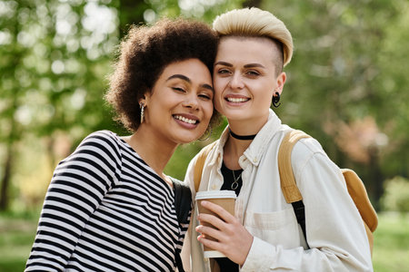 Two young women, stylishly dressed, happily hold coffee cups in a vibrant park setting near a university campus.の写真素材