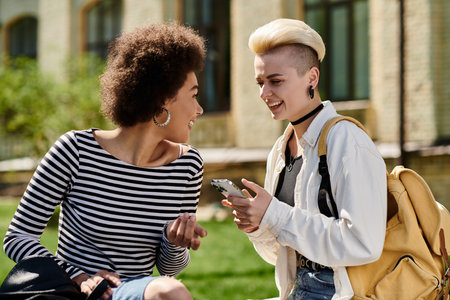 Two young women in a park, engrossed in separate phone calls, connecting with loved ones or friends.の写真素材