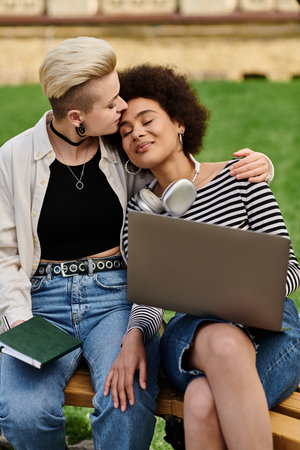 Two women engaged in teamwork on a bench with a laptop, brainstorming ideas and having a discussion.