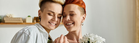 Two women with short hair pose in front of a mirror, showcasing their love and style with a confident attitude.の写真素材