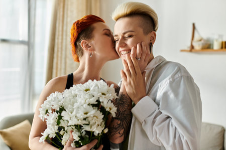 Two women with short hair embrace, hug, and kiss in a cozy living room, showing affection and love for each other.の写真素材