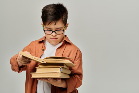 A child with Down syndrome with glasses holds a stack of books.の写真素材