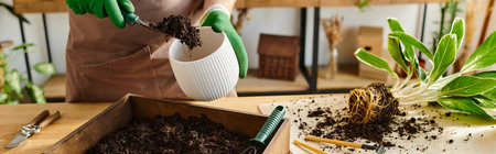 A person with gardening gloves carefully holds a plant, showcasing care and dedication in a plant shop setting.の写真素材