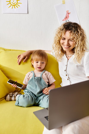 Mother with curly hair lovingly embraces her toddler daughter on a bright yellow couch at home.の写真素材