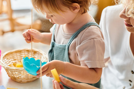 A little girl stands in front of a basket, exploring its contents with curiosity and wonder.の写真素材