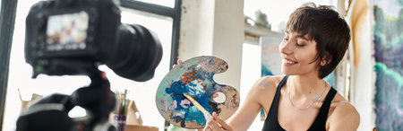A woman in a black tank top creatively holds a paintbrush.の写真素材