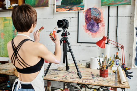 A woman teaching how to paint on camera.の写真素材