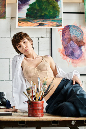 A woman in a bra strikes a glamorous pose.の写真素材