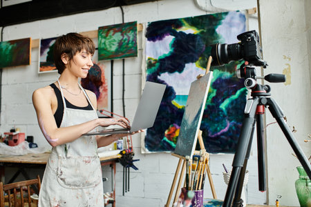 Woman holds laptop in front of painting.の写真素材