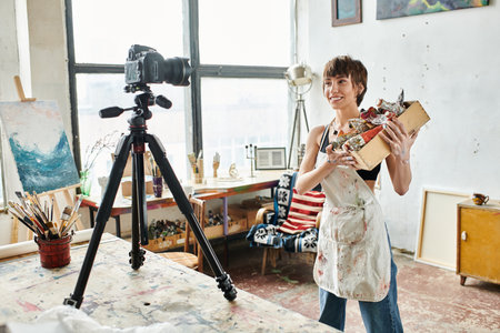 A stylish woman stands, a camera on a tripod nearby.