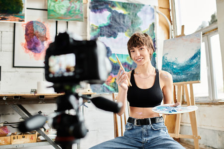 Woman sitting on chair facing camera with confidence.の写真素材