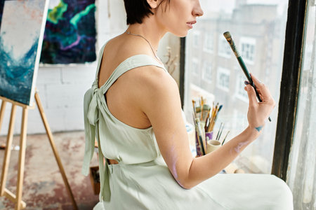 A woman in a white dress holds a paintbrush.の写真素材