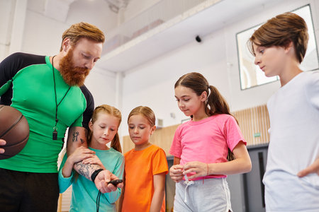 A diverse group of children encircle a man holding a basketball, as he instructs them in a bright, lively classroom setting.の写真素材