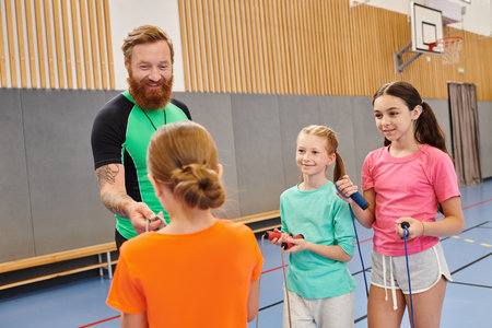 Diverse group of people, including kids and a teacher, standing attentively around each other in a lively gym, the teacher instructing with enthusiasm.の写真素材
