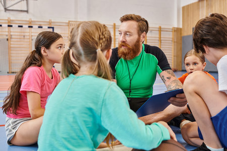 A diverse group of people, including children and their male teacher, are seated around each other in a gym, engaged in a lively and vibrant learning session.の写真素材