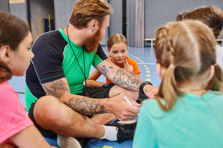 A man sitting on the floor surrounded by a group of diverse children, engaging in lively instruction...