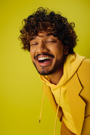 Handsome young Indian man with curly hair posing in a vibrant yellow jacket.の写真素材