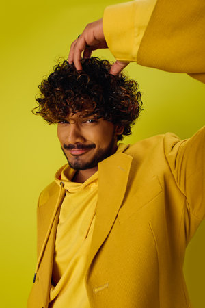 Handsome man with curly hair in vibrant yellow suit posing confidently.の写真素材