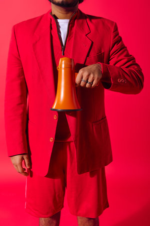 A young Indian man in a red suit holds a megaphone on a vivid backdrop.
