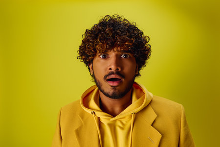 Handsome young Indian man with curly hair posing in a vibrant yellow jacket on a vivid backdrop.の写真素材