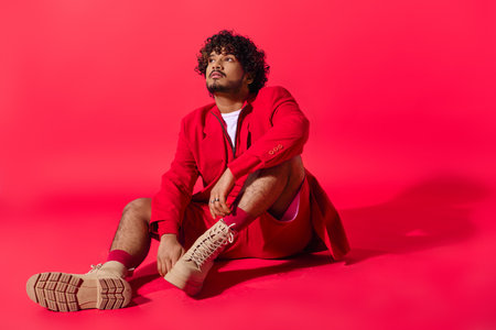 Handsome Indian man in vibrant outfit siting and looking away.