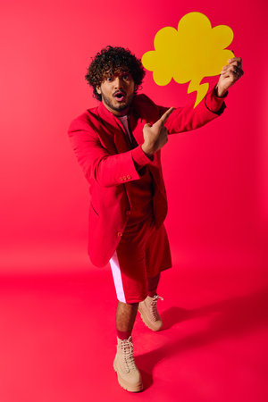 A young Indian man in a red suit holding a yellow speech bubble on a vivid backdrop.