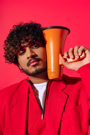 Young Indian man in red jacket, holding megaphone over his face.