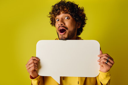 Handsome young Indian man with curly hair holding a white speech bubble against a vibrant backdrop.