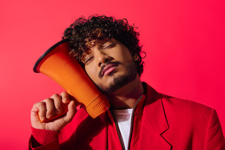 Vibrant young Indian man holding red and orange megaphone.