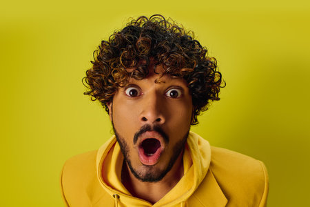 Handsome young Indian man with curly hair looking surprised.