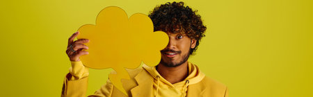 Handsome Indian man in vibrant attire holding up speech bubble on a vivid backdrop.の写真素材