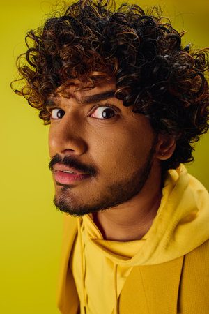Handsome Indian man with curly hair posing in a vibrant yellow hoodie on a colorful backdrop.の写真素材