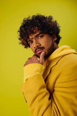 Handsome young Indian man in a yellow hoodie poses against a vivid backdrop.の写真素材