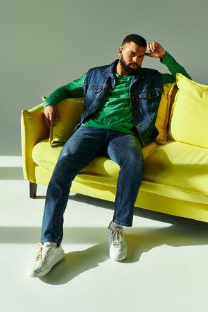 A man confidently sits on a yellow couch against a grey backdrop.