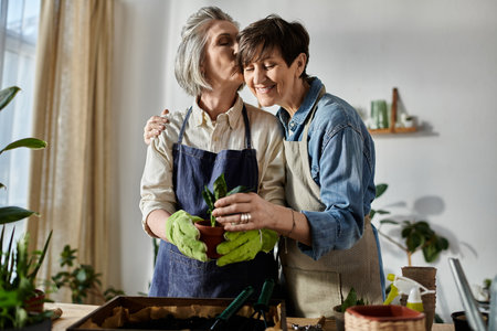 Two women hug while planting a garden in a moment of love and collaboration.の写真素材