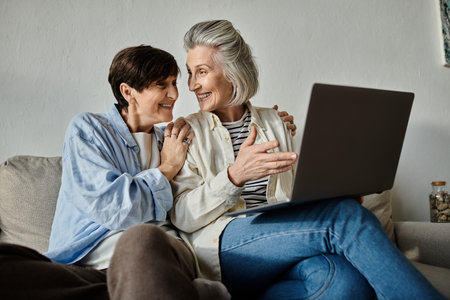 Two older women sharing a laptop on a cozy couch.の写真素材