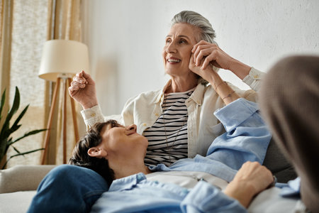 Two women share a loving moment seated on a couch together.の写真素材